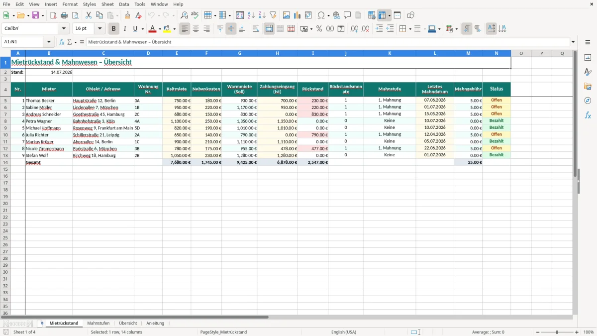 Screenshot 1: Blatt Mietrückstand - Excel-Vorlage mietrückstand mahnung übersicht excel vorlage