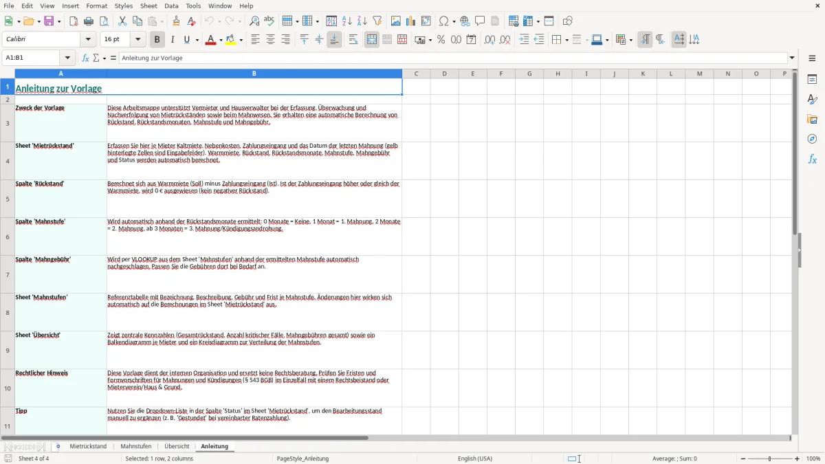 Screenshot 4: Blatt Anleitung - Excel-Vorlage mietrückstand mahnung übersicht excel vorlage