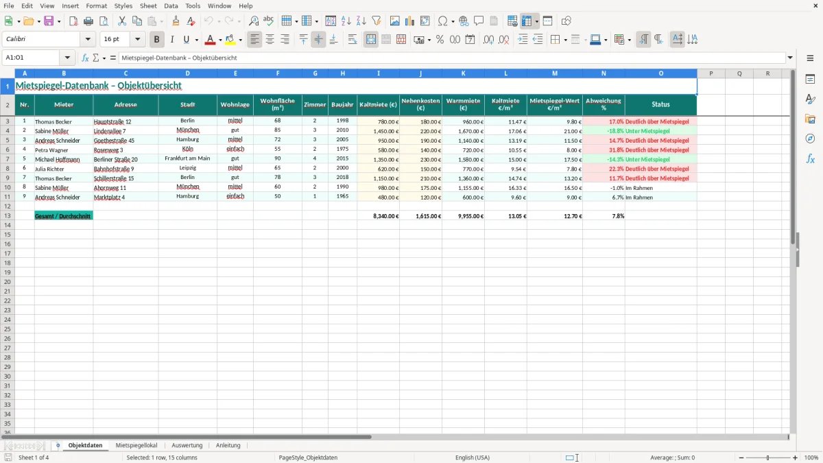 Screenshot 1: Blatt Objektdaten - Excel-Vorlage mietspiegel datenbank objekt excel vorlage