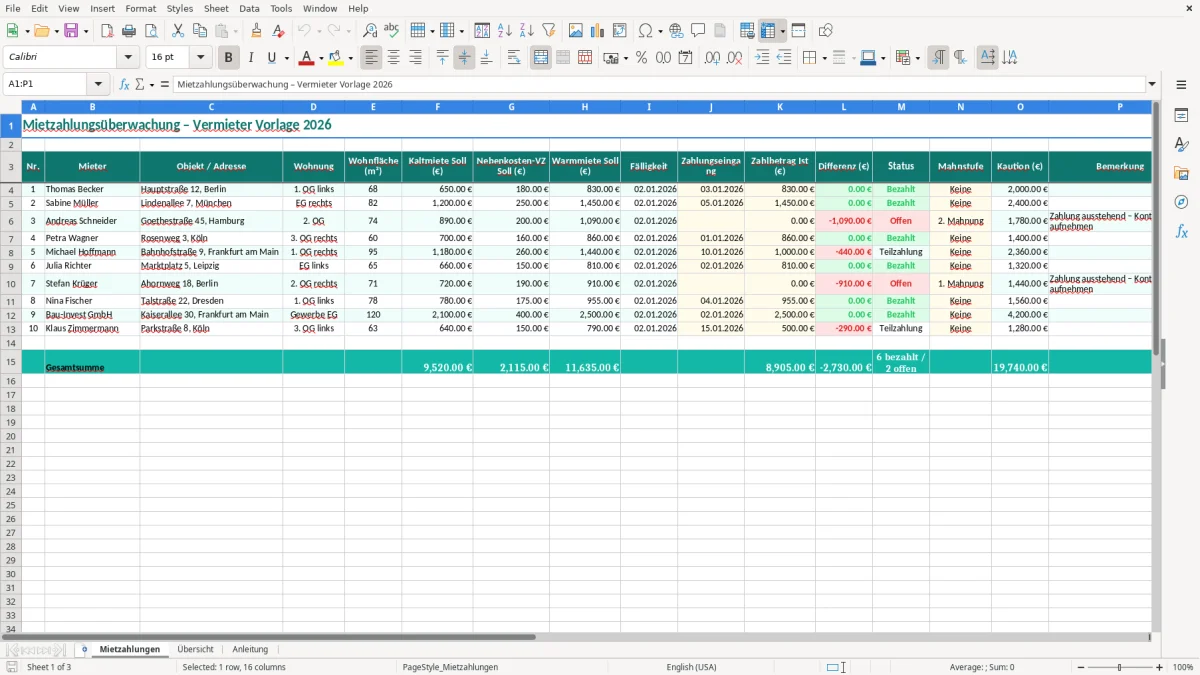 Screenshot 1: Blatt Mietzahlungen - Excel-Vorlage mietzahlung überwachung vermieter excel vorlage