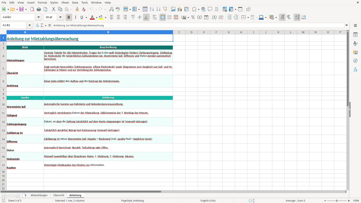 Screenshot 3: Blatt Anleitung - Excel-Vorlage mietzahlung überwachung vermieter excel vorlage