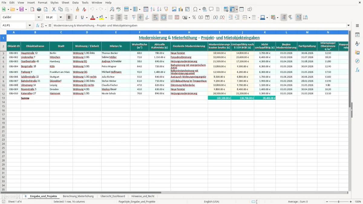 Screenshot 1: Blatt Eingabe_und_Projekte - Excel-Vorlage modernisierung mieterhöhung kalkulation excel vorlage