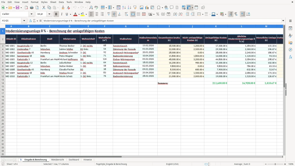 Screenshot 1: Blatt Eingabe & Berechnung - Excel-Vorlage modernisierungsumlage 8 prozent berechnung excel vorlage