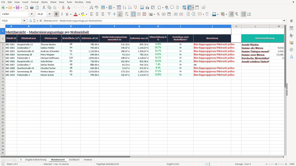 Screenshot 2: Blatt Mietübersicht - Excel-Vorlage modernisierungsumlage 8 prozent berechnung excel vorlage