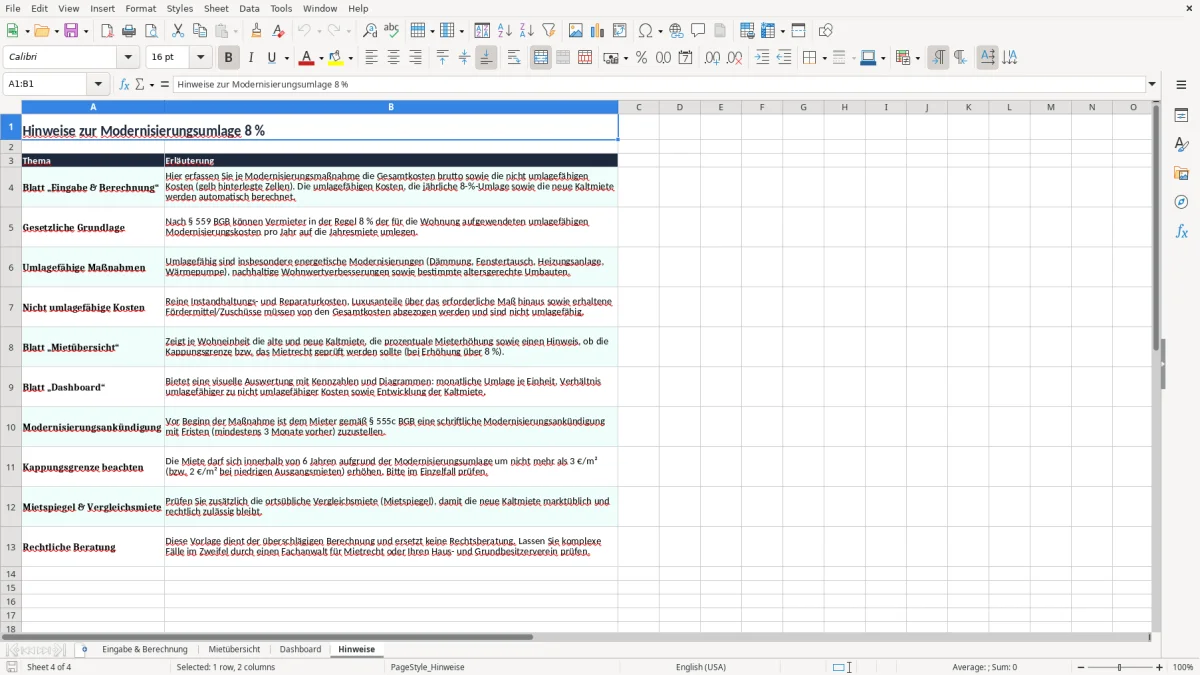 Screenshot 4: Blatt Hinweise - Excel-Vorlage modernisierungsumlage 8 prozent berechnung excel vorlage