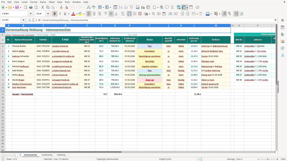Screenshot 1: Blatt Interessenten - Excel-Vorlage vorvermarktung wohnung interessenten excel vorlage