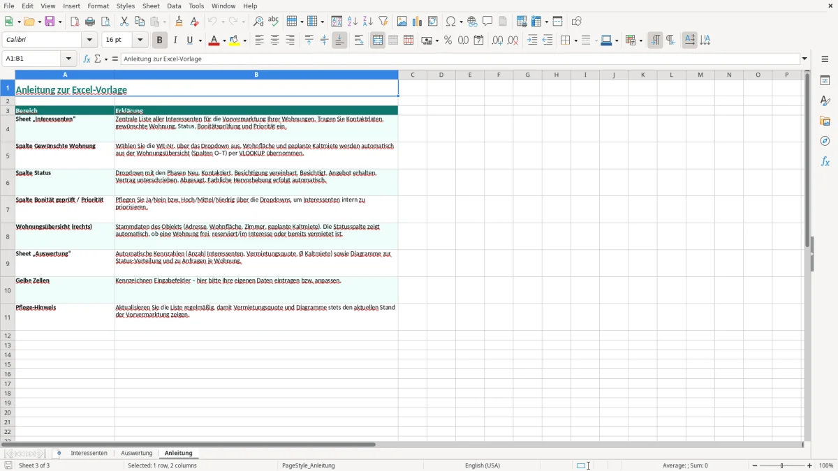 Screenshot 3: Blatt Anleitung - Excel-Vorlage vorvermarktung wohnung interessenten excel vorlage