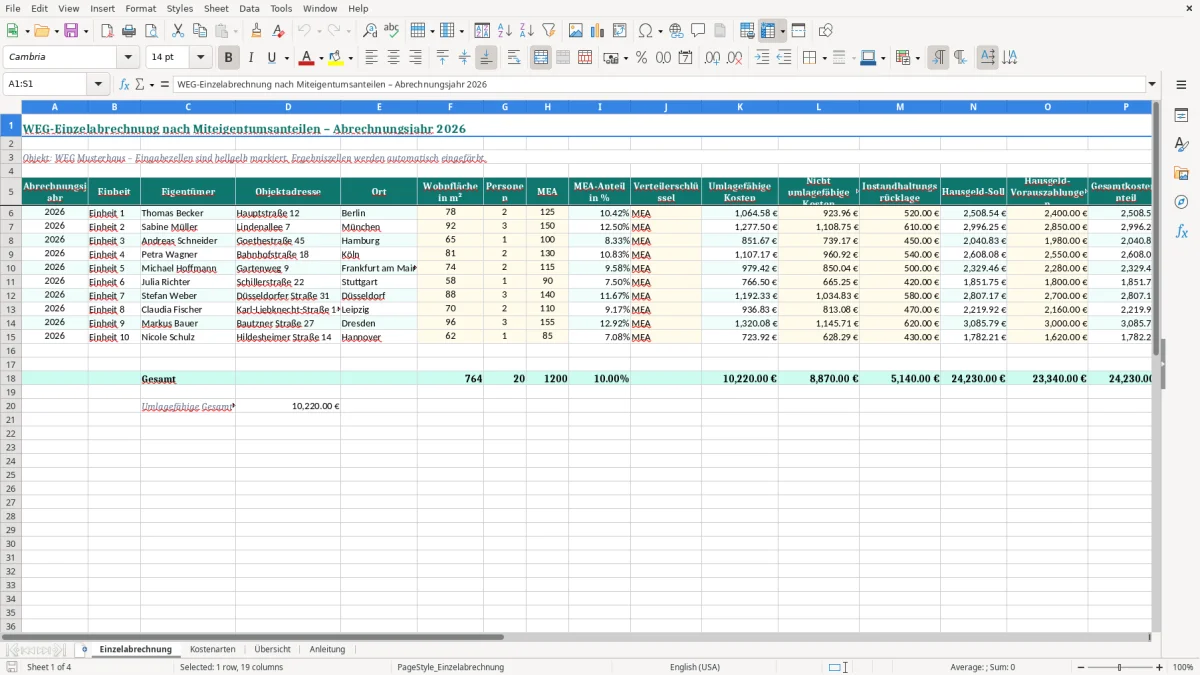 Screenshot 1: Blatt Einzelabrechnung - Excel-Vorlage weg einzelabrechnung miteigentumsanteile excel vorlage