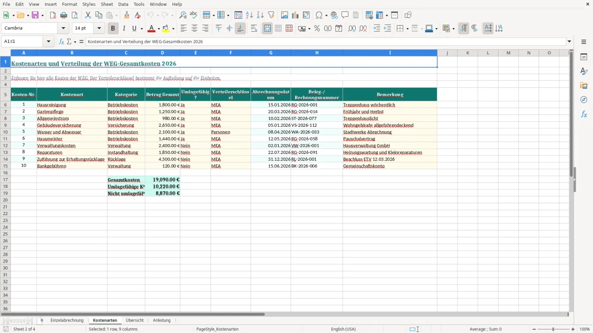 Screenshot 2: Blatt Kostenarten - Excel-Vorlage weg einzelabrechnung miteigentumsanteile excel vorlage