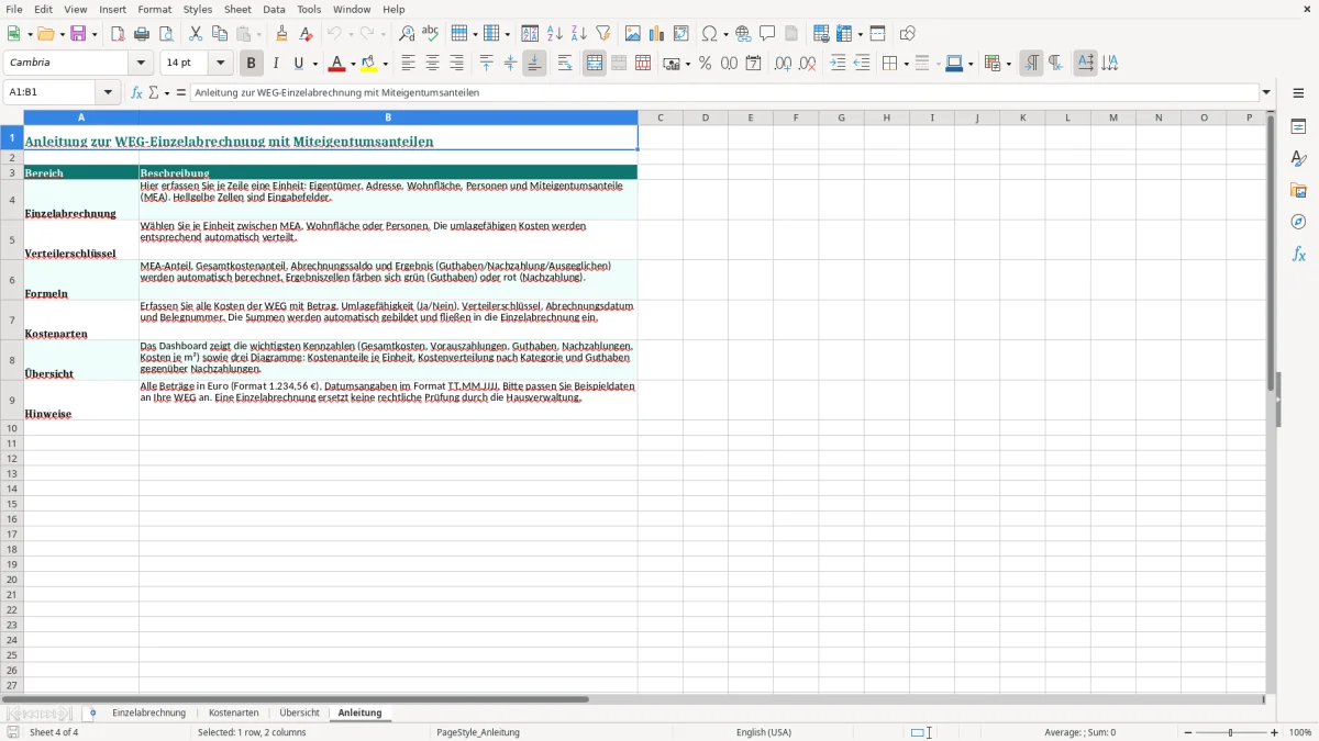 Screenshot 4: Blatt Anleitung - Excel-Vorlage weg einzelabrechnung miteigentumsanteile excel vorlage