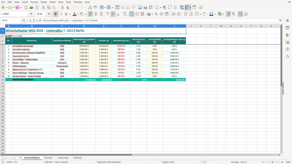 Screenshot 1: Blatt Wirtschaftsplan - Excel-Vorlage wirtschaftsplan weg aufstellung excel vorlage