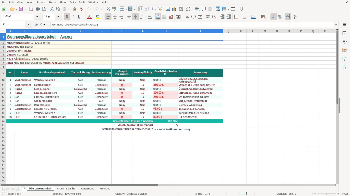 Screenshot 1: Blatt Übergabeprotokoll - Excel-Vorlage wohnungsübergabe auszug protokoll excel vorlage