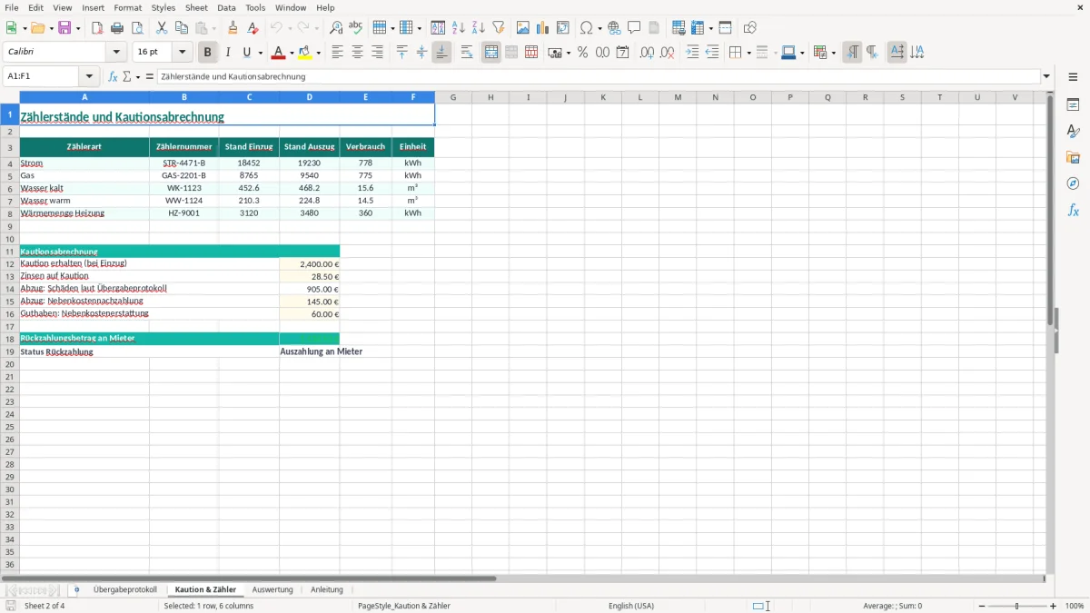Screenshot 2: Blatt Kaution & Zähler - Excel-Vorlage wohnungsübergabe auszug protokoll excel vorlage