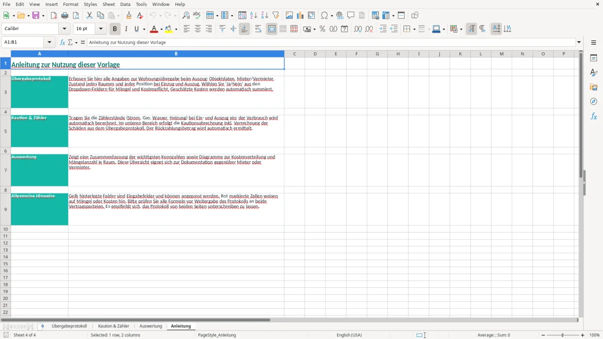 Screenshot 4: Blatt Anleitung - Excel-Vorlage wohnungsübergabe auszug protokoll excel vorlage