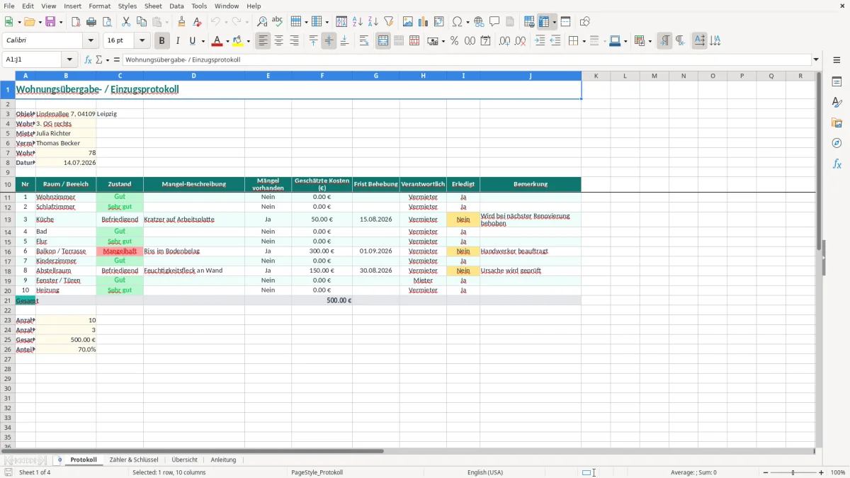 Screenshot 1: Blatt Protokoll - Excel-Vorlage wohnungsübergabe einzug protokoll excel vorlage