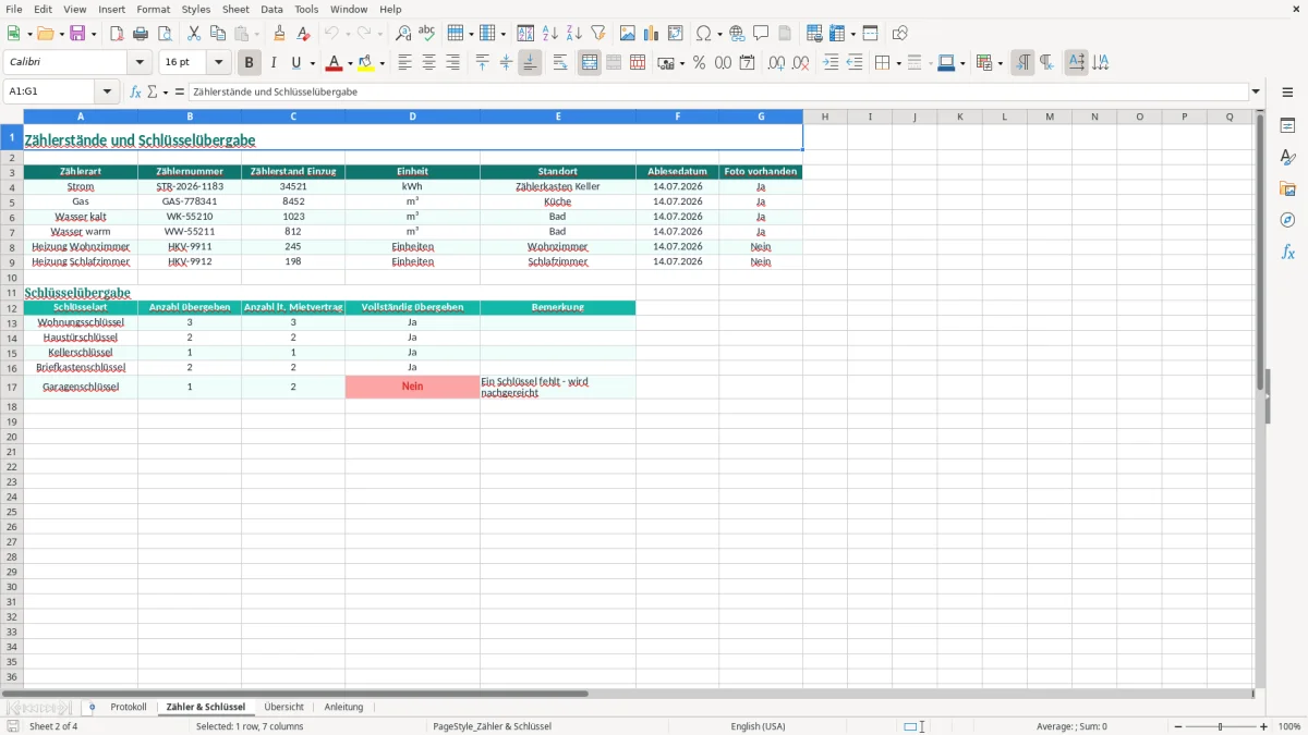 Screenshot 2: Blatt Zähler & Schlüssel - Excel-Vorlage wohnungsübergabe einzug protokoll excel vorlage