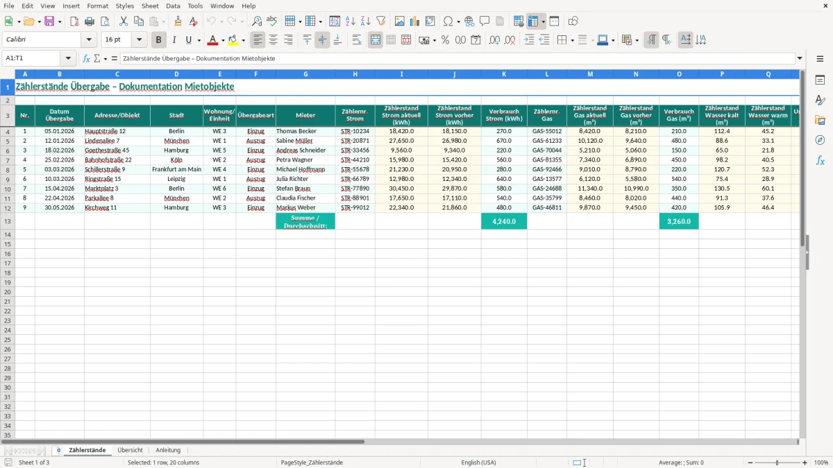 Screenshot 1: Blatt Zählerstände - Excel-Vorlage zählerstände übergabe dokumentation excel vorlage