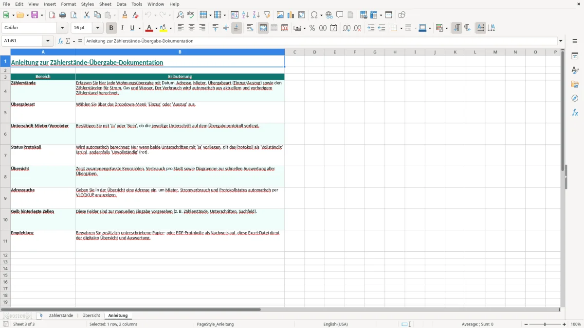 Screenshot 3: Blatt Anleitung - Excel-Vorlage zählerstände übergabe dokumentation excel vorlage