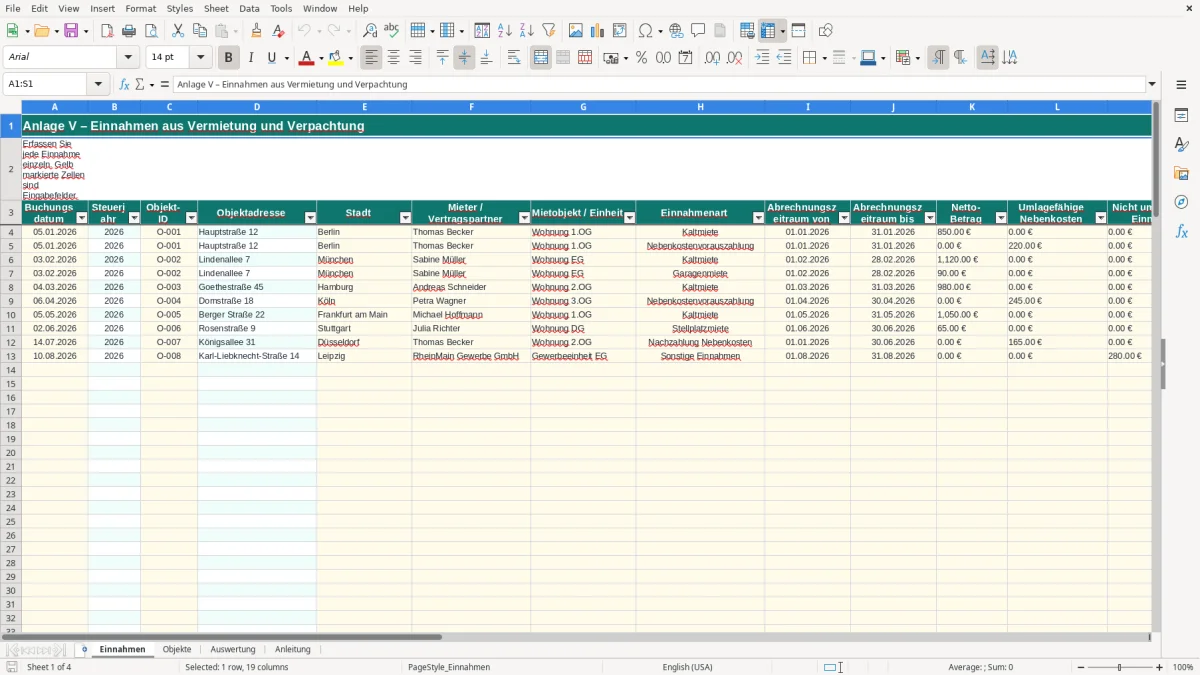 Screenshot 1: Blatt Einnahmen - Excel-Vorlage anlage v einnahmen erfassung excel vorlage