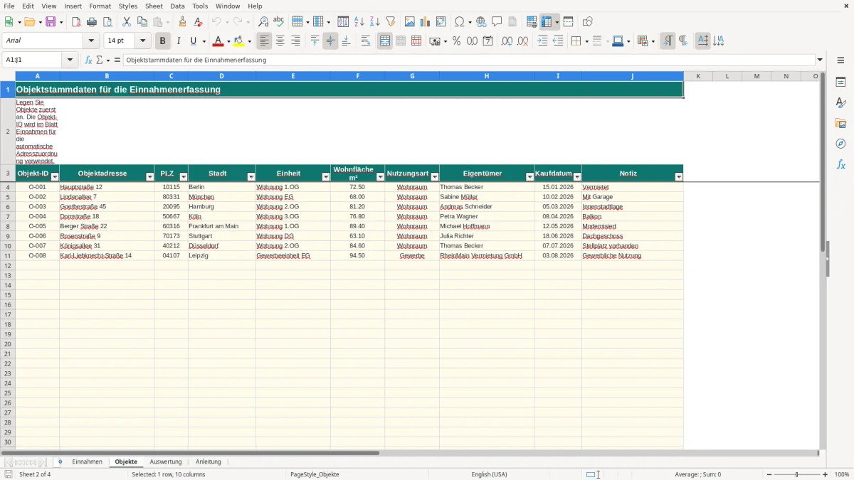 Screenshot 2: Blatt Objekte - Excel-Vorlage anlage v einnahmen erfassung excel vorlage