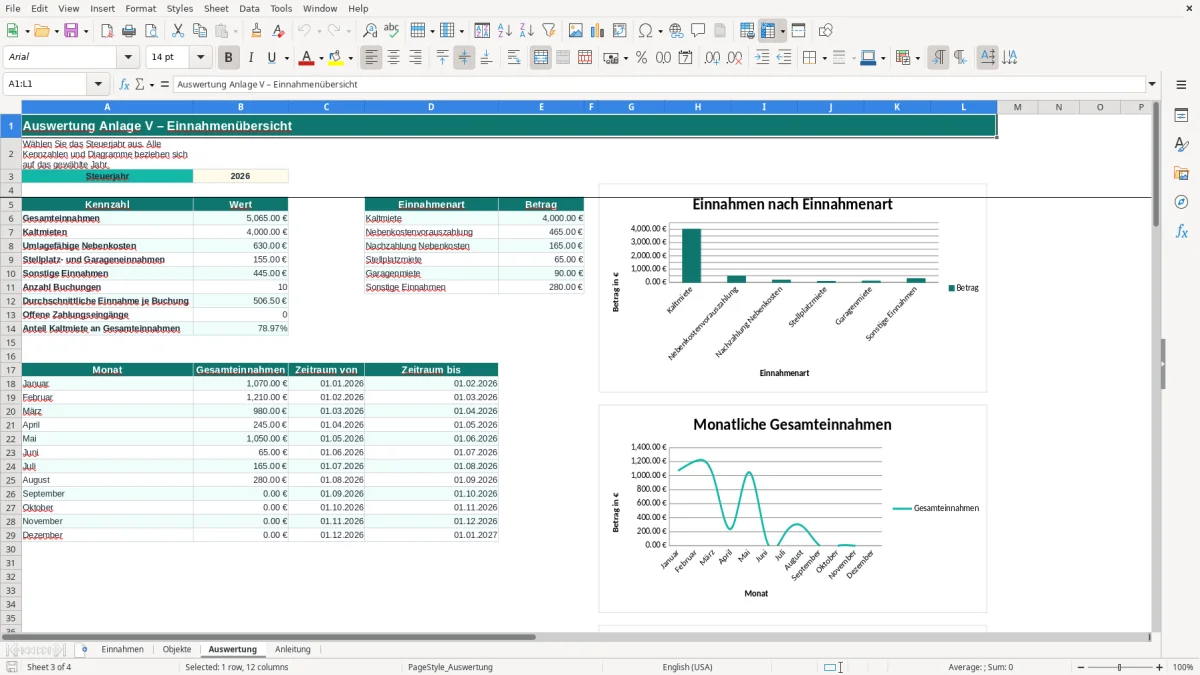 Screenshot 3: Blatt Auswertung - Excel-Vorlage anlage v einnahmen erfassung excel vorlage