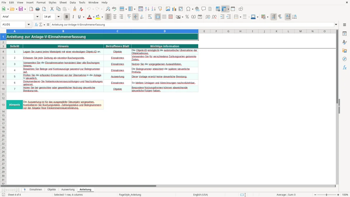 Screenshot 4: Blatt Anleitung - Excel-Vorlage anlage v einnahmen erfassung excel vorlage
