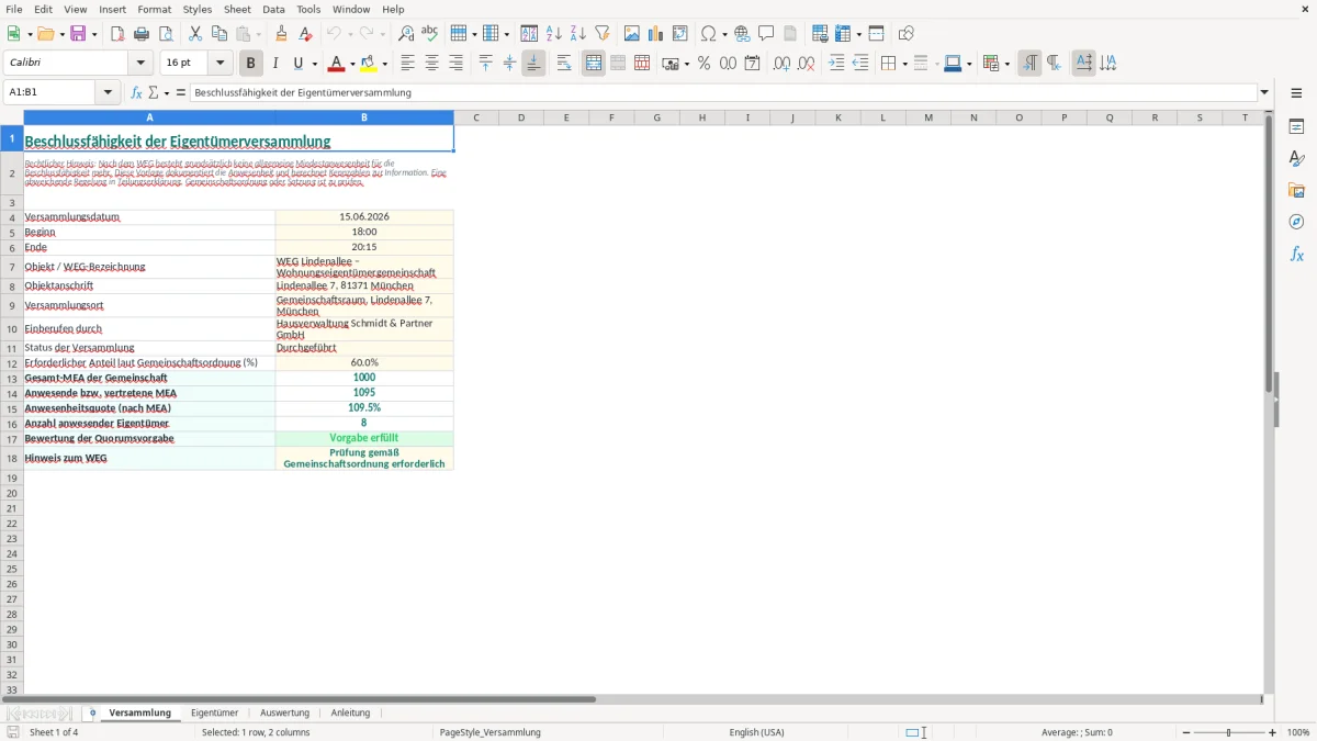 Screenshot 1: Blatt Versammlung - Excel-Vorlage beschlussfähigkeit eigentümerversammlung excel vorlage