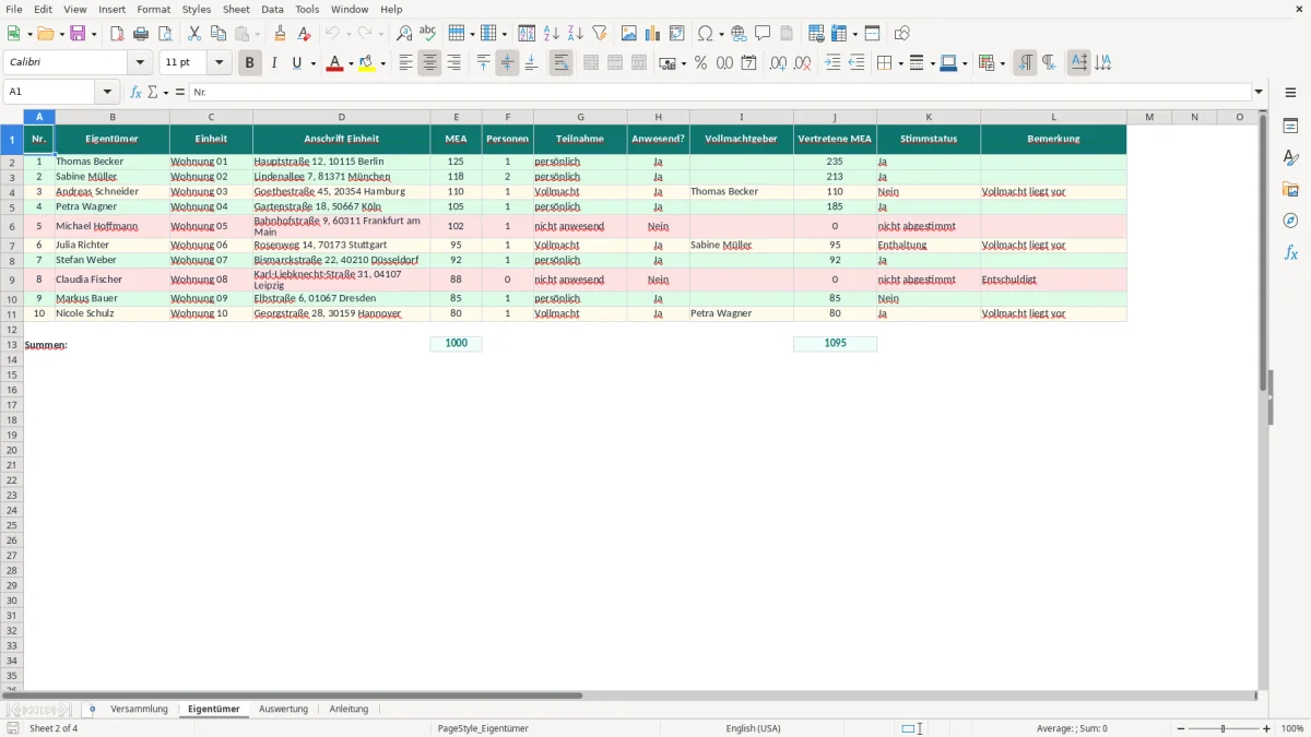 Screenshot 2: Blatt Eigentümer - Excel-Vorlage beschlussfähigkeit eigentümerversammlung excel vorlage