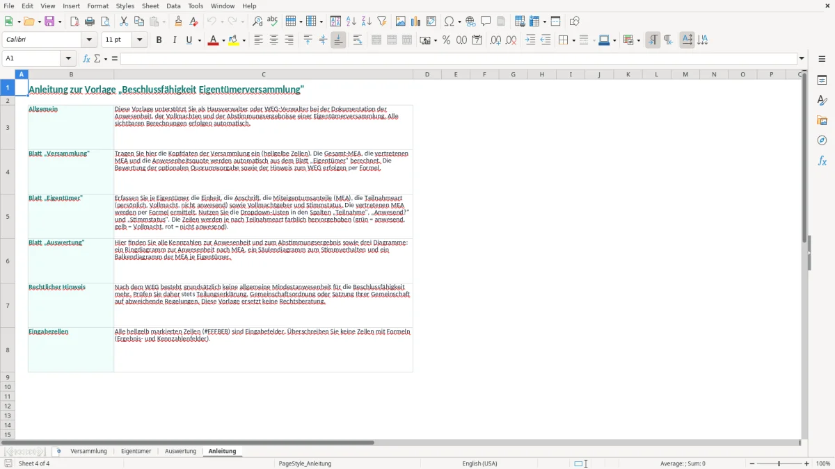 Screenshot 4: Blatt Anleitung - Excel-Vorlage beschlussfähigkeit eigentümerversammlung excel vorlage