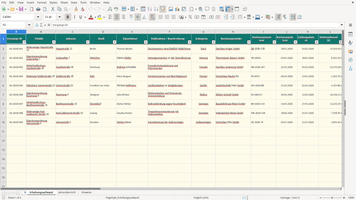 Screenshot 1: Blatt Erhaltungsaufwand - Excel-Vorlage erhaltungsaufwand verteilung jahre excel vorlage