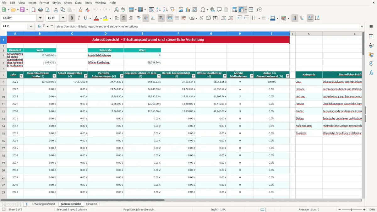Screenshot 2: Blatt Jahresübersicht - Excel-Vorlage erhaltungsaufwand verteilung jahre excel vorlage