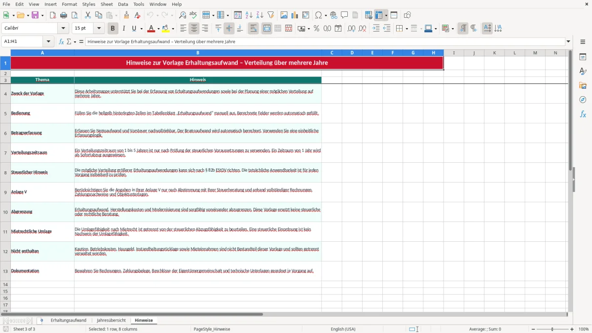 Screenshot 3: Blatt Hinweise - Excel-Vorlage erhaltungsaufwand verteilung jahre excel vorlage