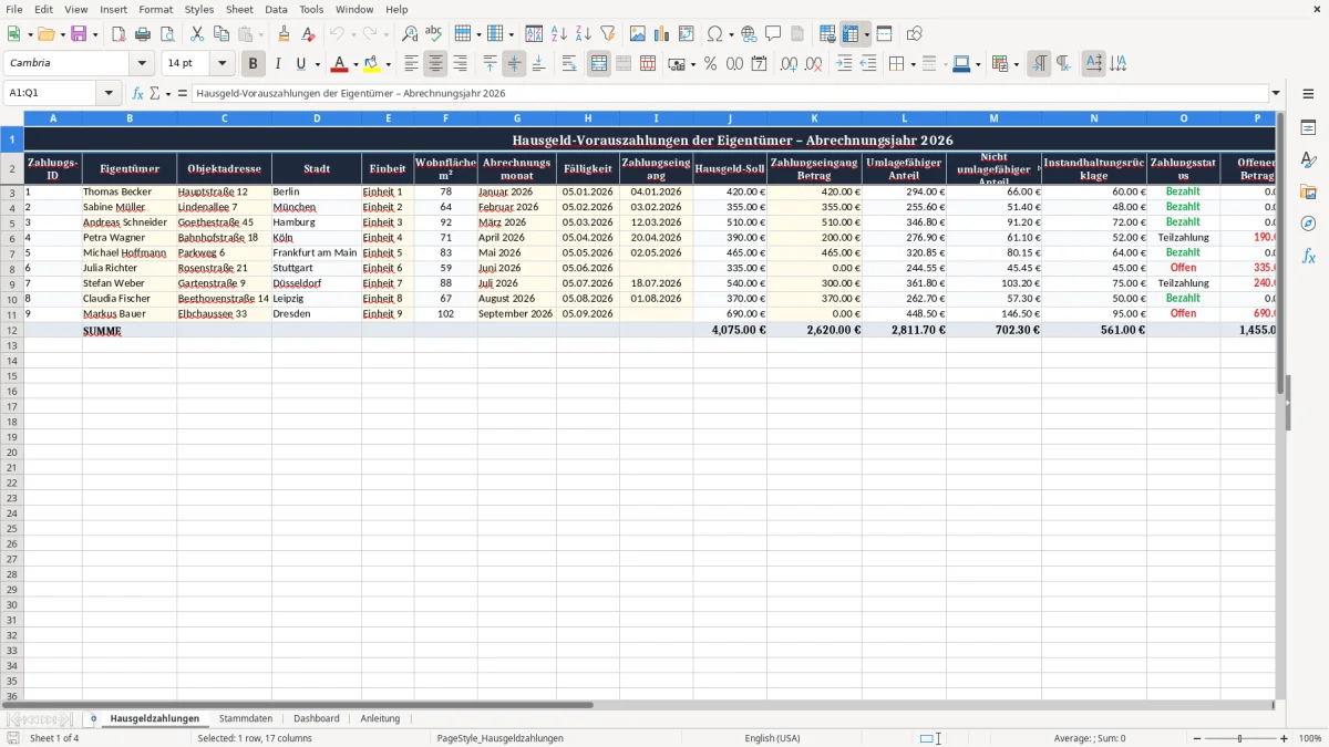 Screenshot 1: Blatt Hausgeldzahlungen - Excel-Vorlage hausgeld vorauszahlung eigentümer excel vorlage