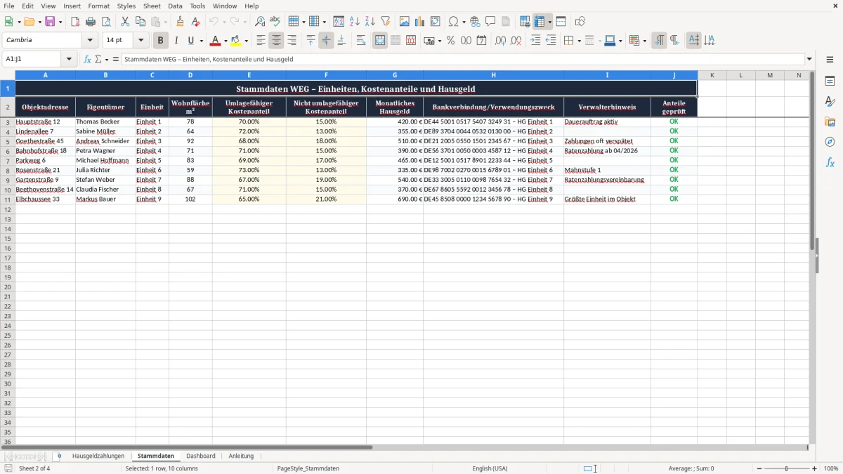 Screenshot 2: Blatt Stammdaten - Excel-Vorlage hausgeld vorauszahlung eigentümer excel vorlage