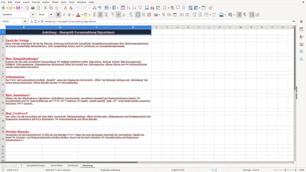 Screenshot 4: Blatt Anleitung - Excel-Vorlage hausgeld vorauszahlung eigentümer excel vorlage
