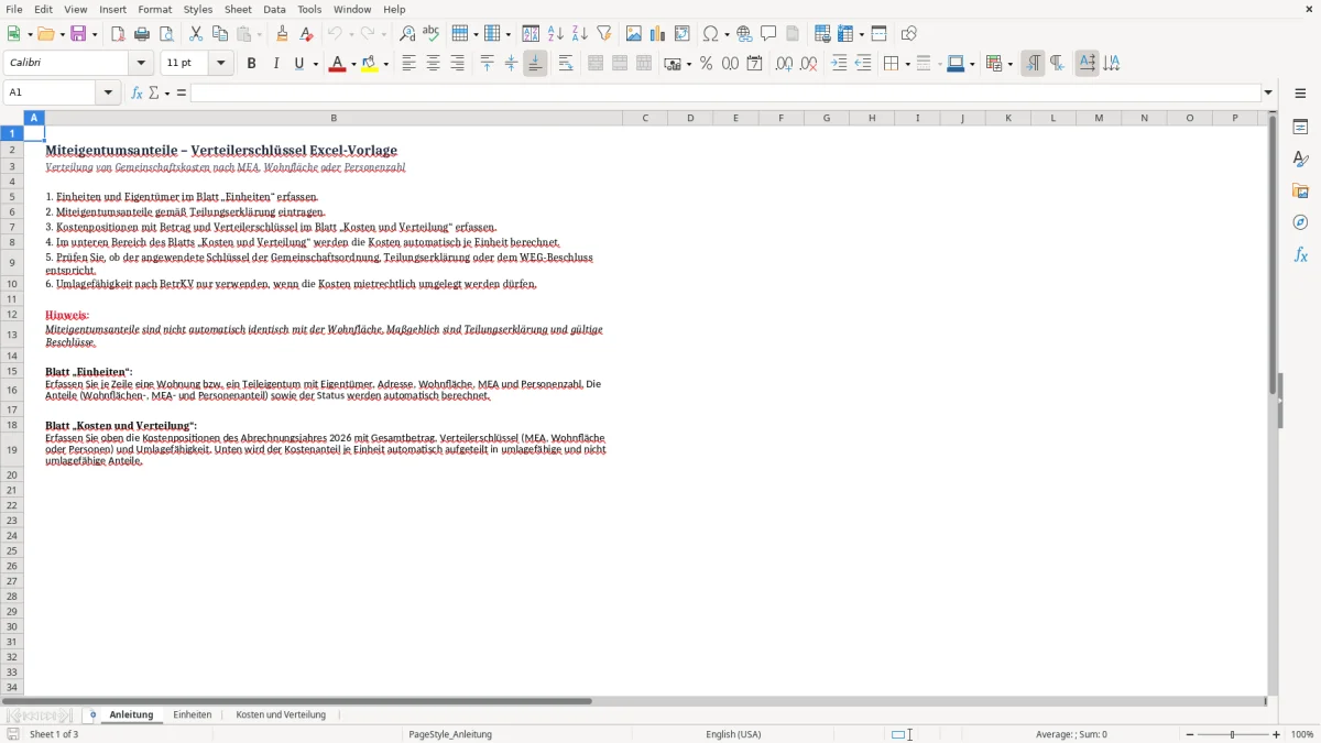 Screenshot 1: Blatt Anleitung - Excel-Vorlage miteigentumsanteile verteilerschlüssel excel vorlage