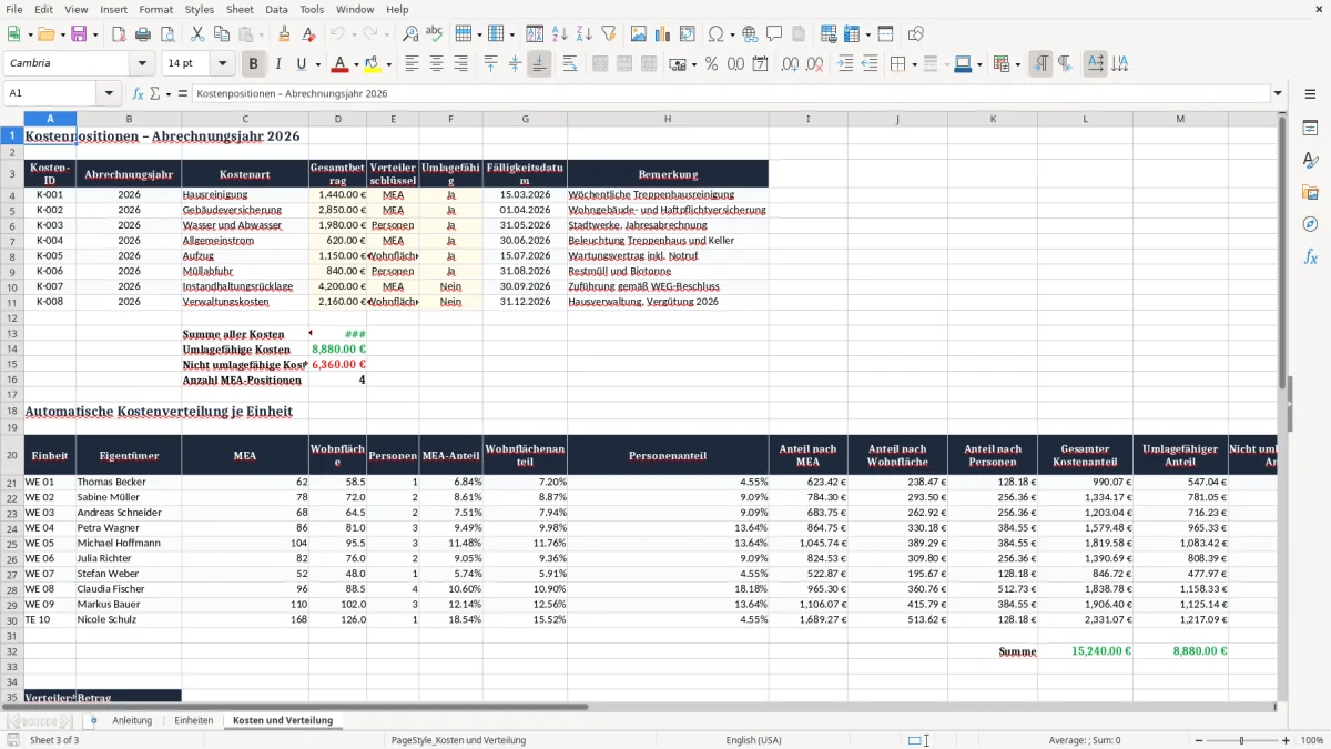 Screenshot 3: Blatt Kosten und Verteilung - Excel-Vorlage miteigentumsanteile verteilerschlüssel excel vorlage