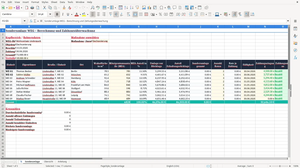 Screenshot 1: Blatt Sonderumlage - Excel-Vorlage sonderumlage weg berechnung excel vorlage