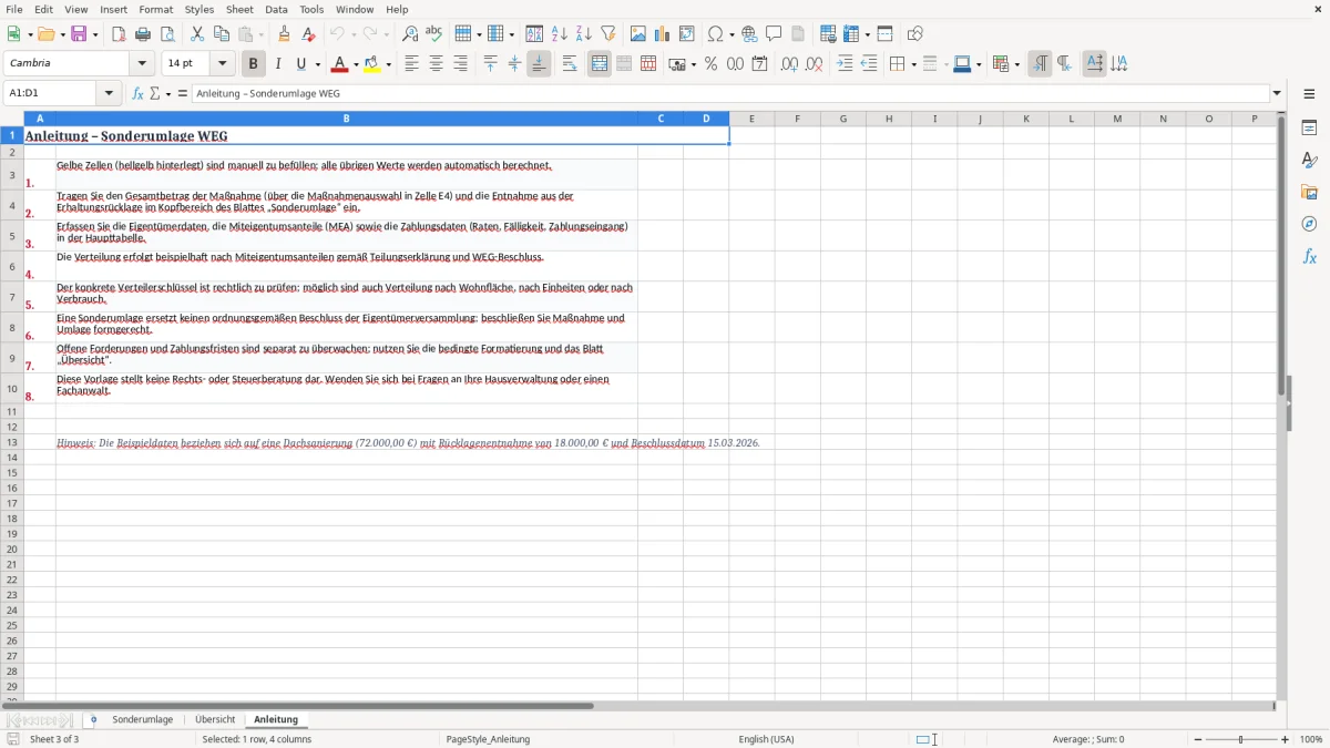 Screenshot 3: Blatt Anleitung - Excel-Vorlage sonderumlage weg berechnung excel vorlage