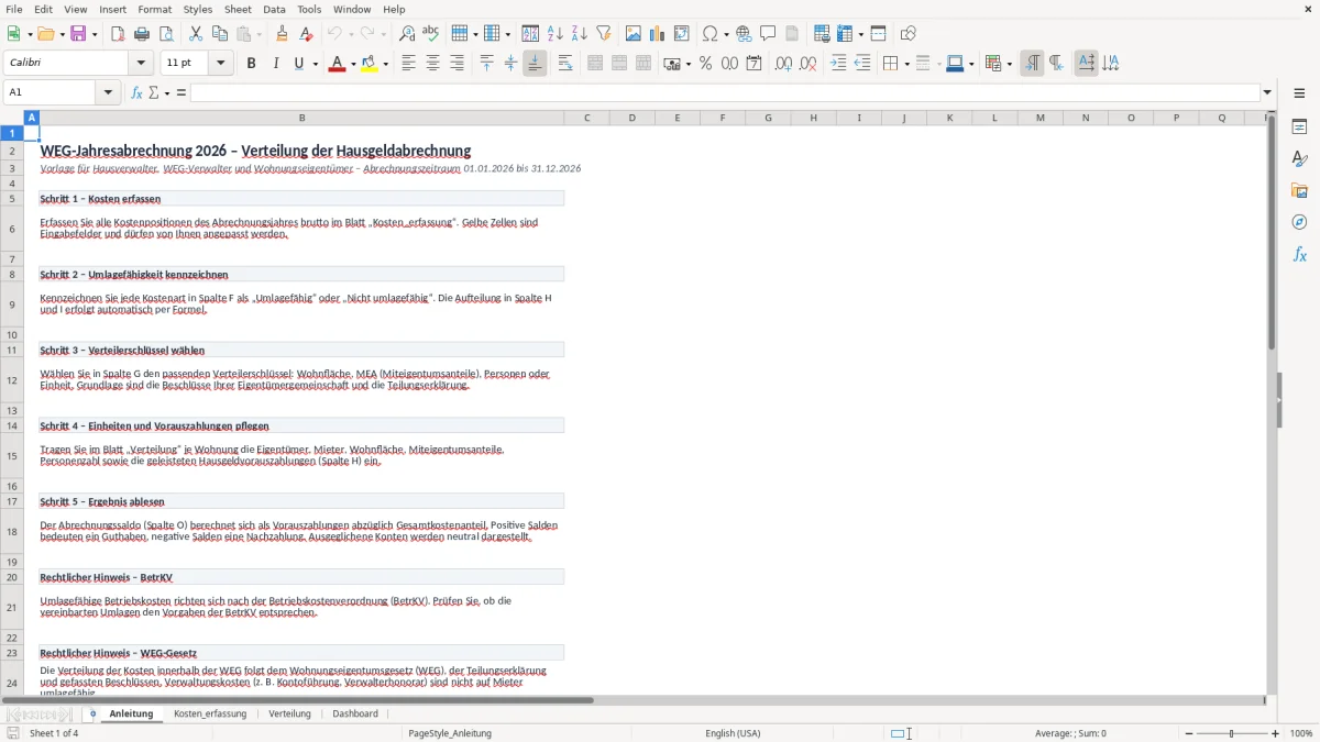 Screenshot 1: Blatt Anleitung - Excel-Vorlage weg jahresabrechnung verteilung excel vorlage