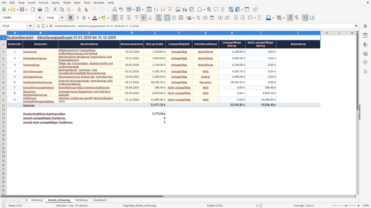 Screenshot 2: Blatt Kosten_erfassung - Excel-Vorlage weg jahresabrechnung verteilung excel vorlage