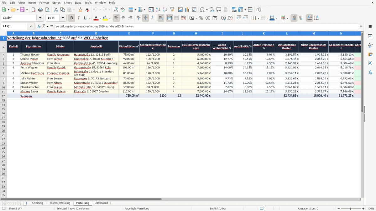 Screenshot 3: Blatt Verteilung - Excel-Vorlage weg jahresabrechnung verteilung excel vorlage