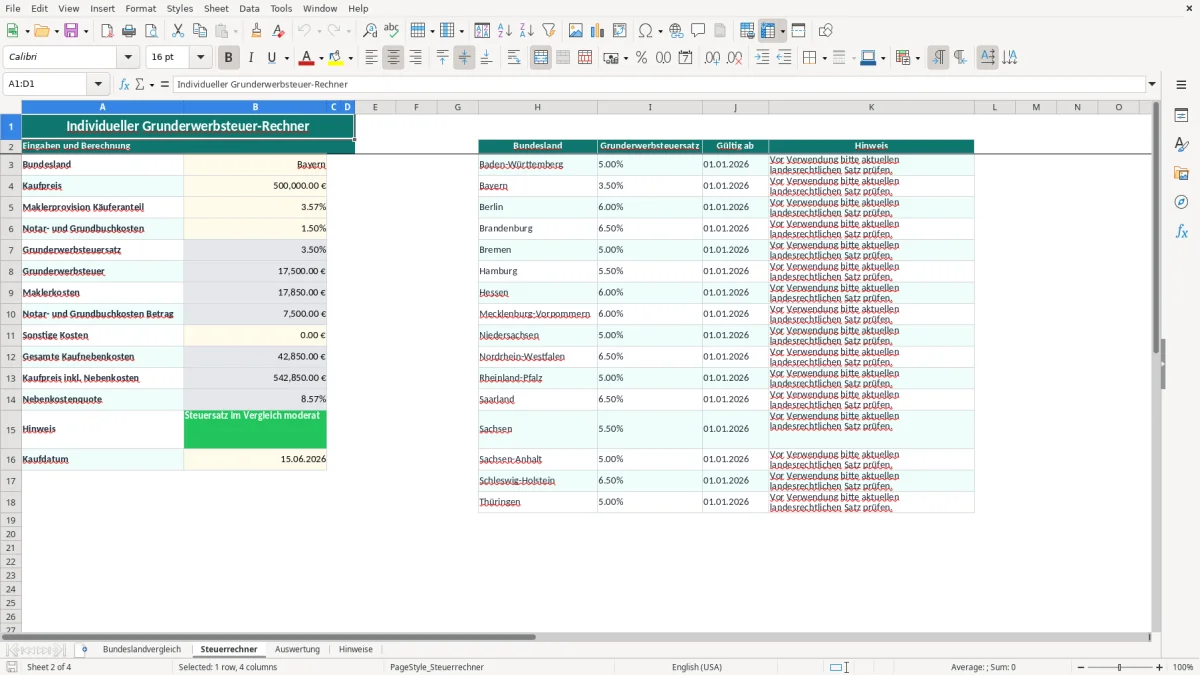 Screenshot 2: Blatt Steuerrechner - Excel-Vorlage grunderwerbsteuer bundesland vergleich excel vorlage