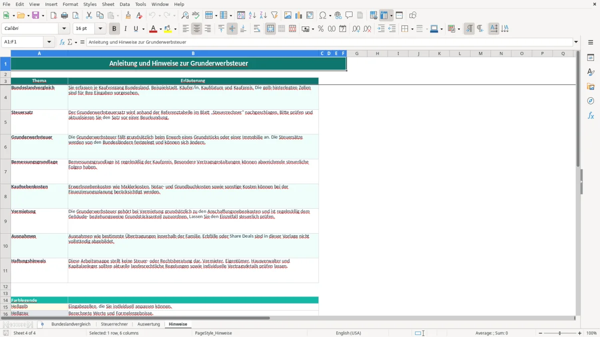 Screenshot 4: Blatt Hinweise - Excel-Vorlage grunderwerbsteuer bundesland vergleich excel vorlage