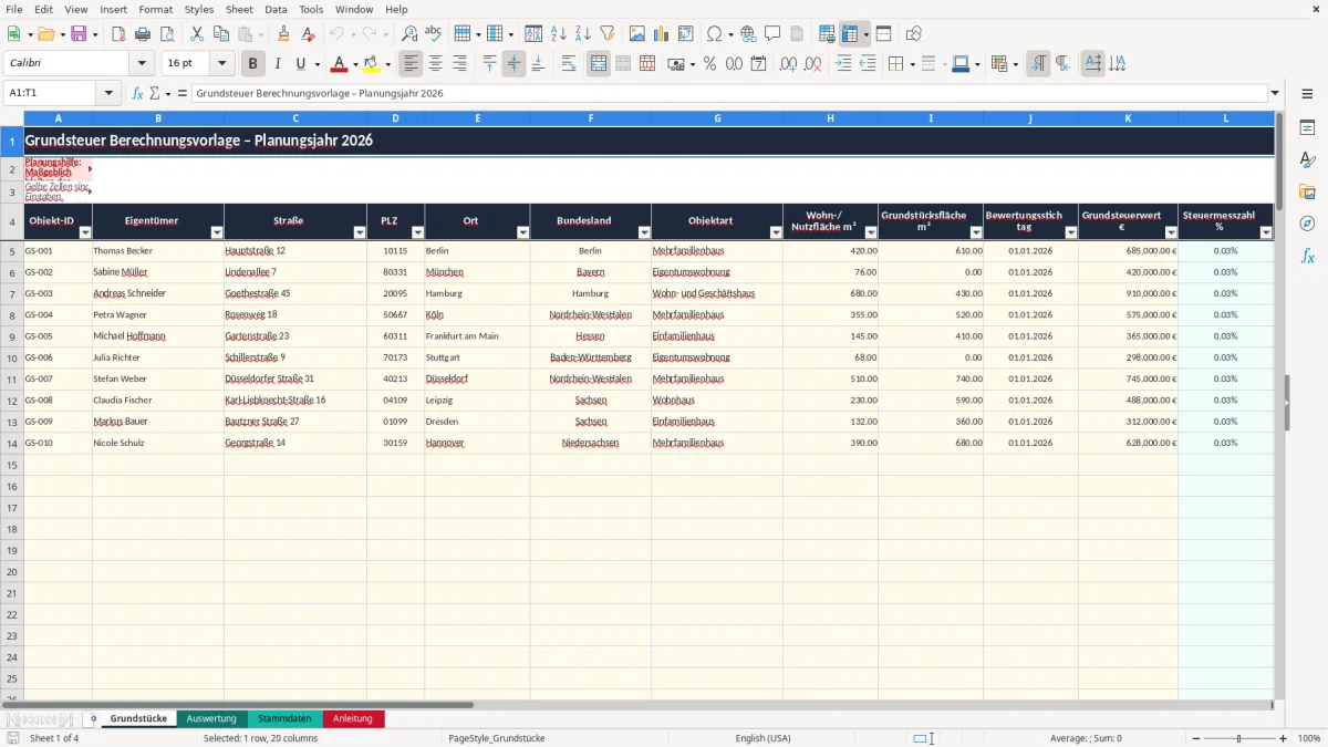 Screenshot 1: Blatt Grundstücke - Excel-Vorlage grundsteuer 2025 berechnung excel vorlage