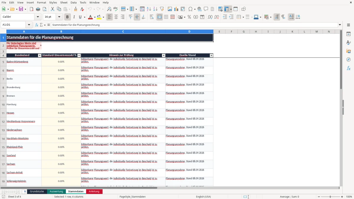Screenshot 3: Blatt Stammdaten - Excel-Vorlage grundsteuer 2025 berechnung excel vorlage