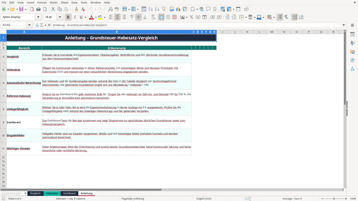 Screenshot 4: Blatt Anleitung - Excel-Vorlage grundsteuer hebesatz vergleich excel vorlage