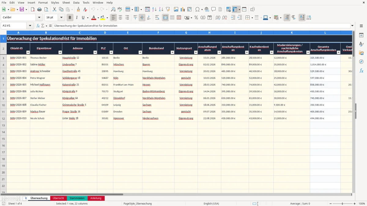 Screenshot 1: Blatt Überwachung - Excel-Vorlage spekulationsfrist immobilie überwachung excel vorlage