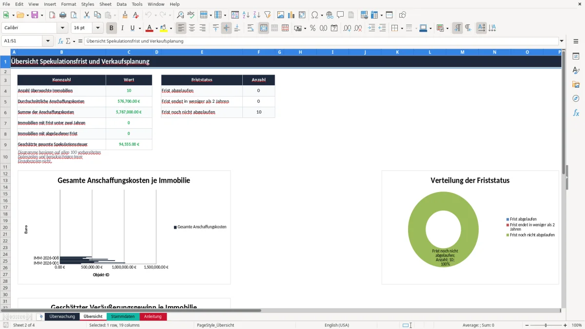 Screenshot 2: Blatt Übersicht - Excel-Vorlage spekulationsfrist immobilie überwachung excel vorlage