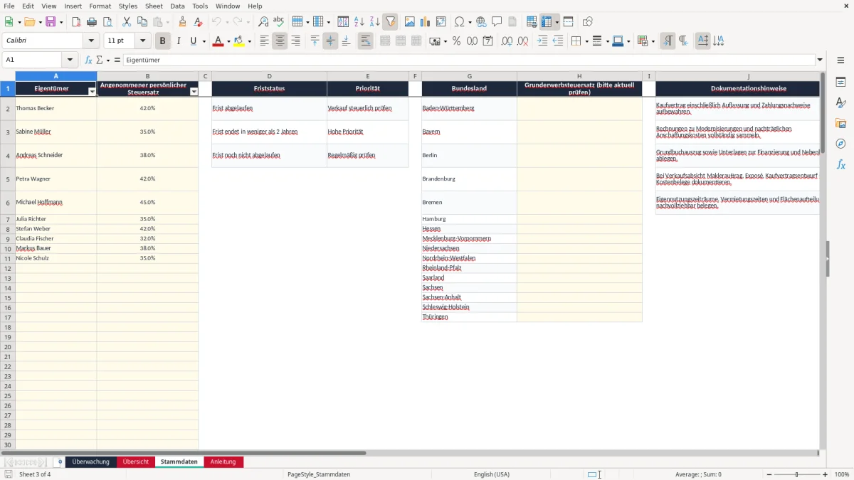 Screenshot 3: Blatt Stammdaten - Excel-Vorlage spekulationsfrist immobilie überwachung excel vorlage